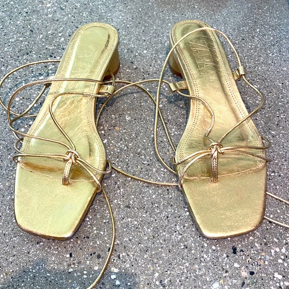 Zara Gold Strappy Square-Toe Sandals - Picture 1 of 3